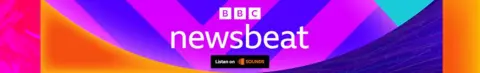 BBC Newsbeat 的页脚徽标。它包含 BBC 徽标和白色“Newsbeat”字样，背景为紫色、紫红色和橙色的彩色图案。底部有一个黑色方块，上面写着“Listen on Sounds”。